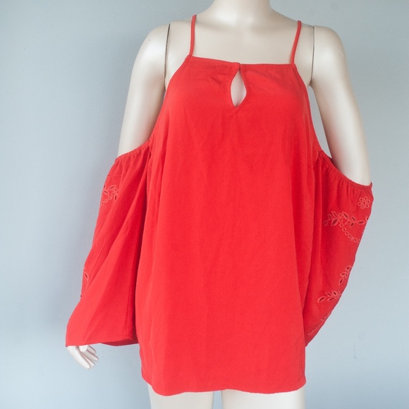 NWT Market & Spruce Red Orange Jaimy Cold Shoulder Embroidered Blouse - Picture 4 of 9